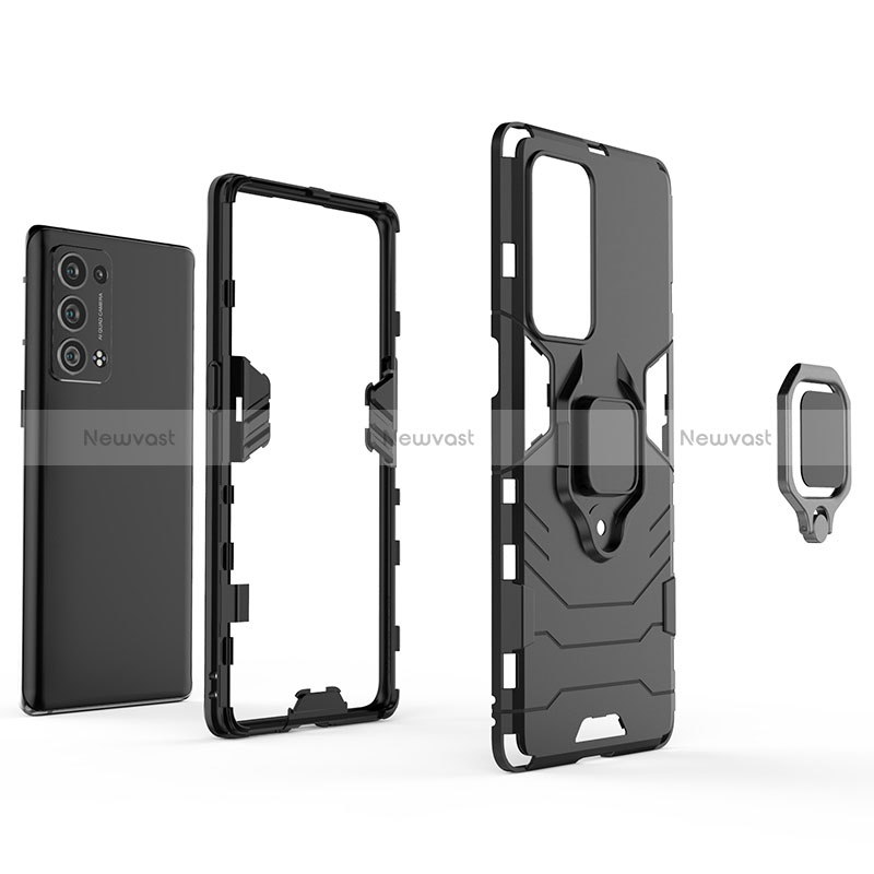 Silicone Matte Finish and Plastic Back Cover Case with Magnetic Finger Ring Stand for Oppo Reno6 Pro+ Plus 5G