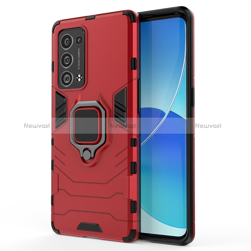 Silicone Matte Finish and Plastic Back Cover Case with Magnetic Finger Ring Stand for Oppo Reno6 Pro+ Plus 5G Red