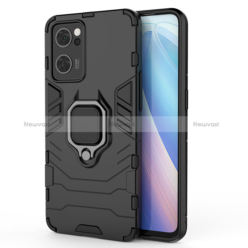 Silicone Matte Finish and Plastic Back Cover Case with Magnetic Finger Ring Stand for Oppo Reno7 5G