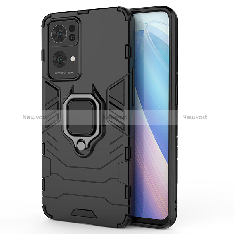 Silicone Matte Finish and Plastic Back Cover Case with Magnetic Finger Ring Stand for Oppo Reno7 Pro 5G