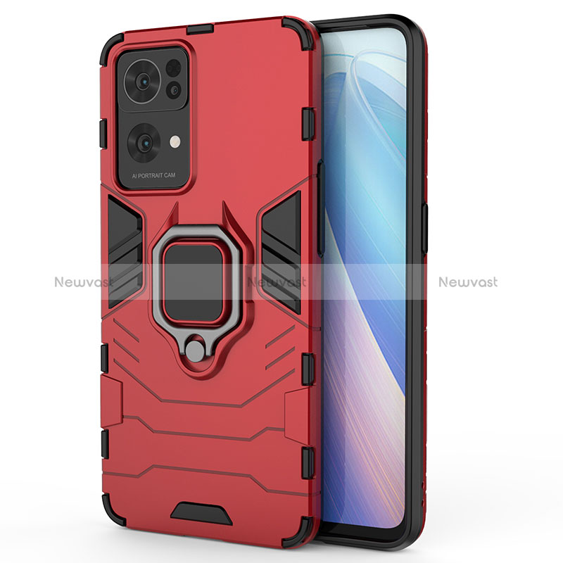 Silicone Matte Finish and Plastic Back Cover Case with Magnetic Finger Ring Stand for Oppo Reno7 Pro 5G Red