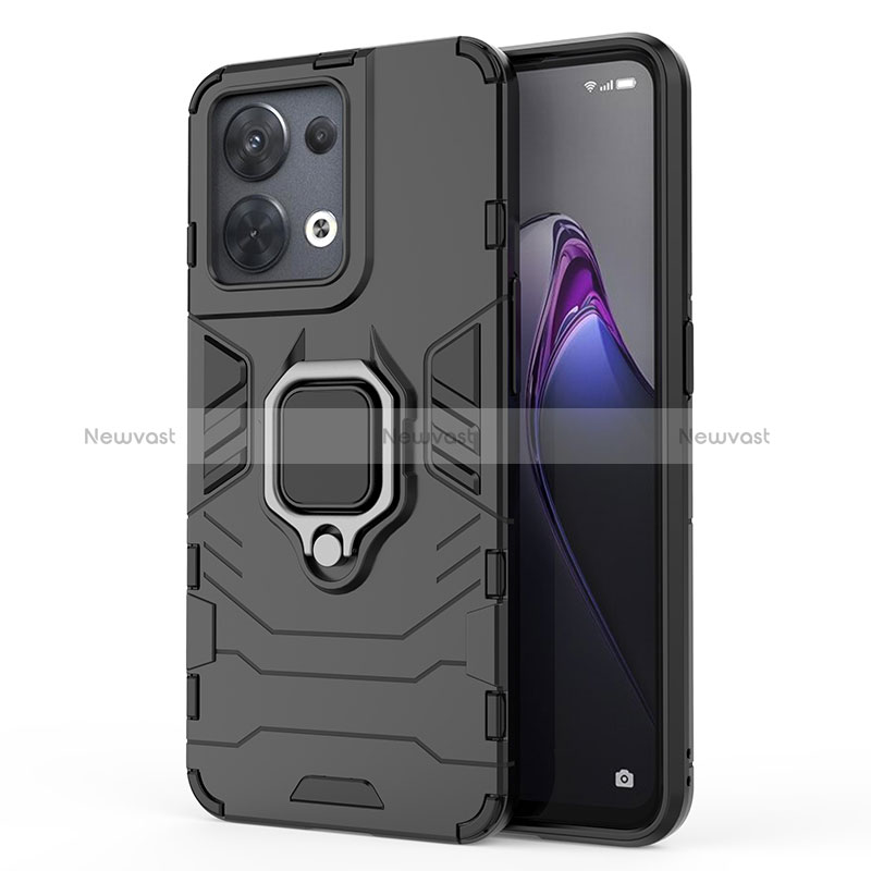 Silicone Matte Finish and Plastic Back Cover Case with Magnetic Finger Ring Stand for Oppo Reno8 5G Black