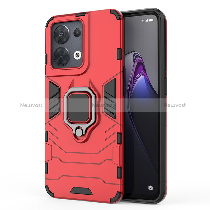 Silicone Matte Finish and Plastic Back Cover Case with Magnetic Finger Ring Stand for Oppo Reno8 5G Red