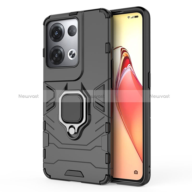 Silicone Matte Finish and Plastic Back Cover Case with Magnetic Finger Ring Stand for Oppo Reno8 Pro 5G