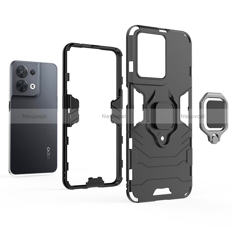 Silicone Matte Finish and Plastic Back Cover Case with Magnetic Finger Ring Stand for Oppo Reno9 5G