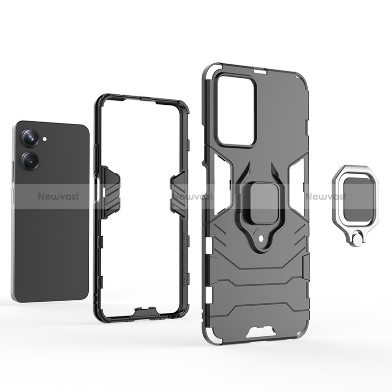 Silicone Matte Finish and Plastic Back Cover Case with Magnetic Finger Ring Stand for Realme 10 Pro 5G