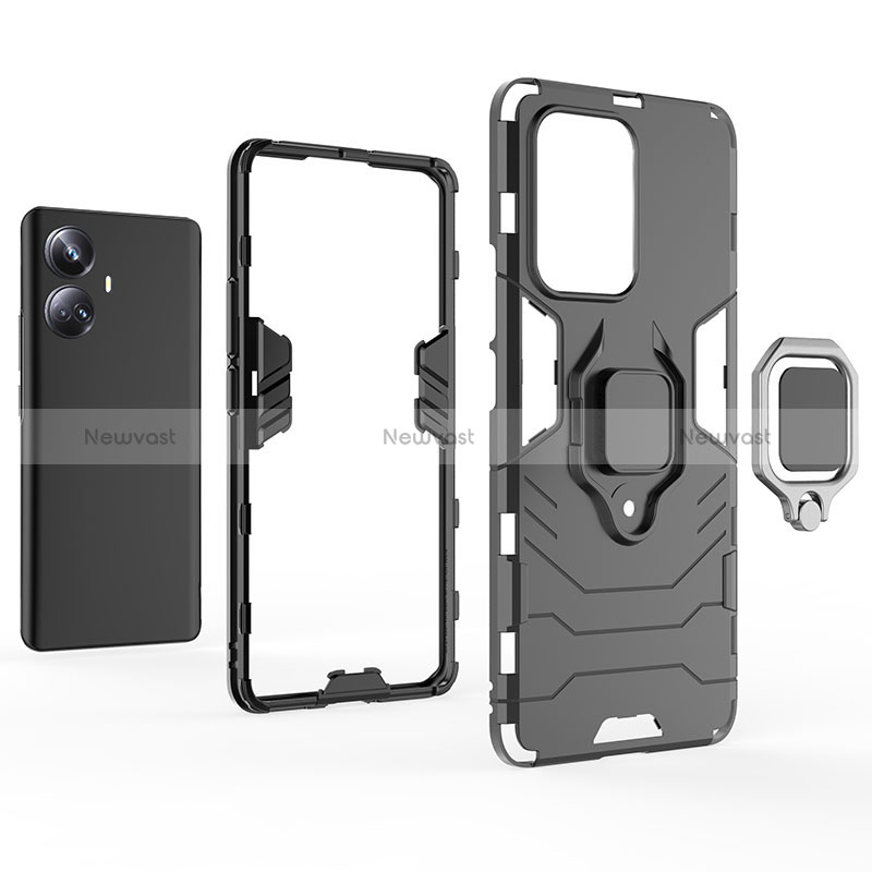 Silicone Matte Finish and Plastic Back Cover Case with Magnetic Finger Ring Stand for Realme 10 Pro+ Plus 5G