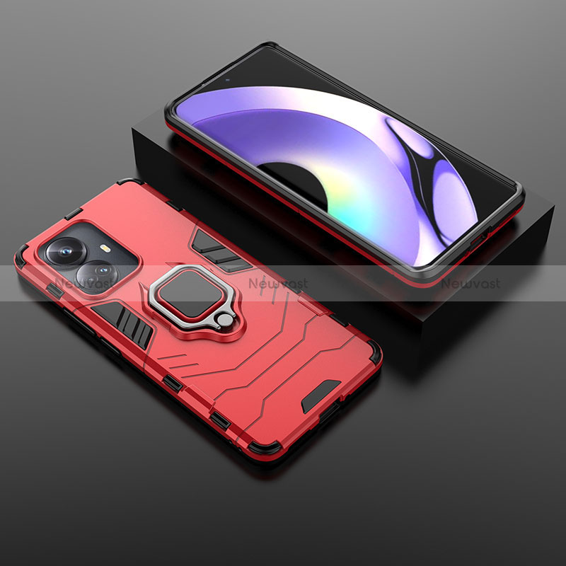 Silicone Matte Finish and Plastic Back Cover Case with Magnetic Finger Ring Stand for Realme 10 Pro+ Plus 5G Red