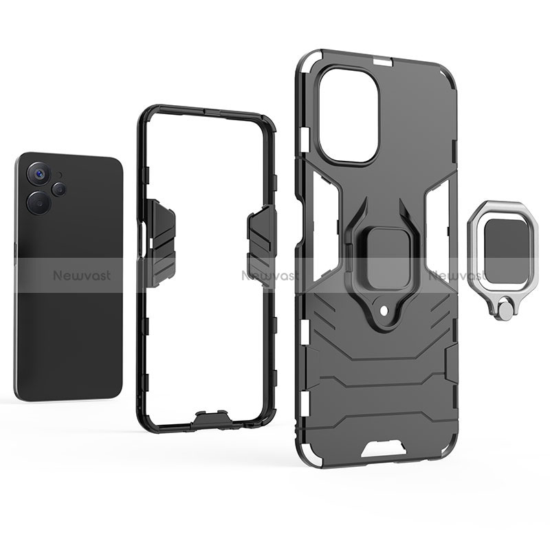 Silicone Matte Finish and Plastic Back Cover Case with Magnetic Finger Ring Stand for Realme 10T 5G