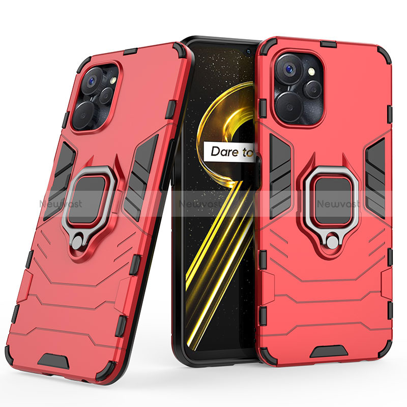 Silicone Matte Finish and Plastic Back Cover Case with Magnetic Finger Ring Stand for Realme 10T 5G Red