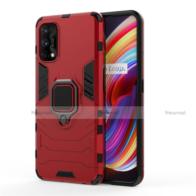 Silicone Matte Finish and Plastic Back Cover Case with Magnetic Finger Ring Stand for Realme 7 Pro Red