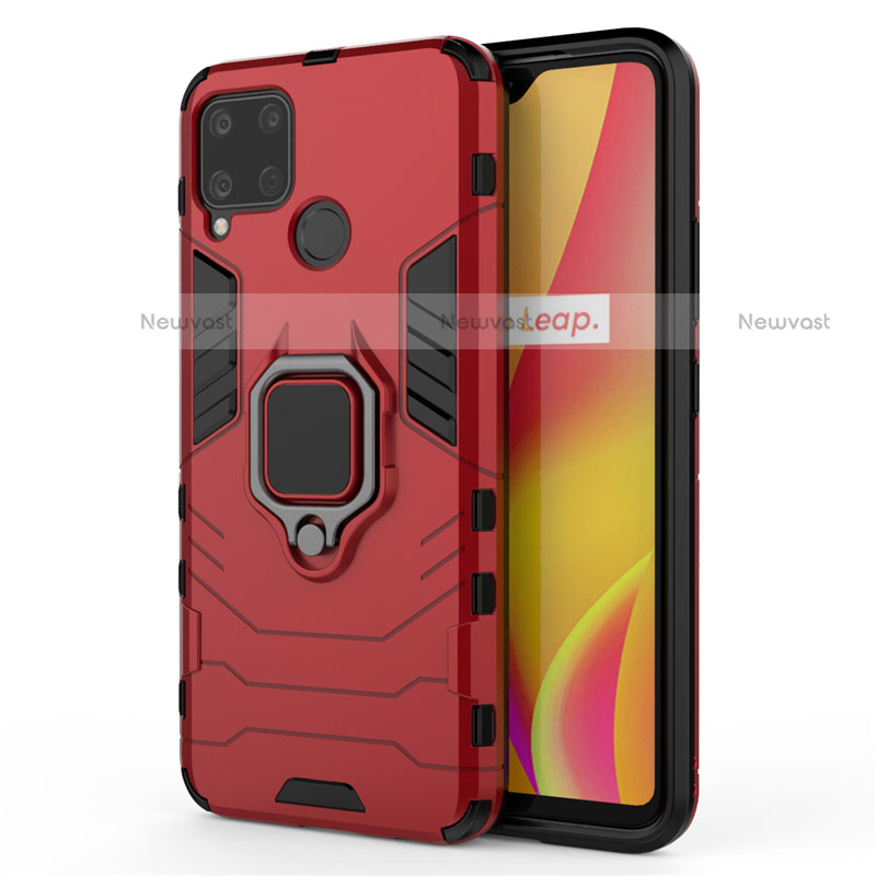 Silicone Matte Finish and Plastic Back Cover Case with Magnetic Finger Ring Stand for Realme C15 Red