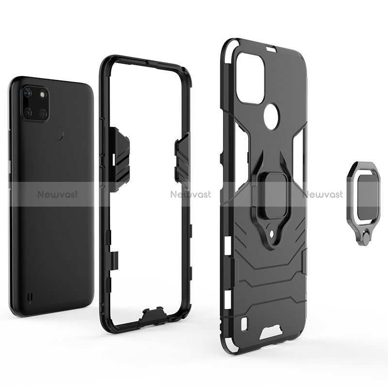 Silicone Matte Finish and Plastic Back Cover Case with Magnetic Finger Ring Stand for Realme C21Y