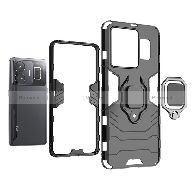 Silicone Matte Finish and Plastic Back Cover Case with Magnetic Finger Ring Stand for Realme GT Neo6 5G