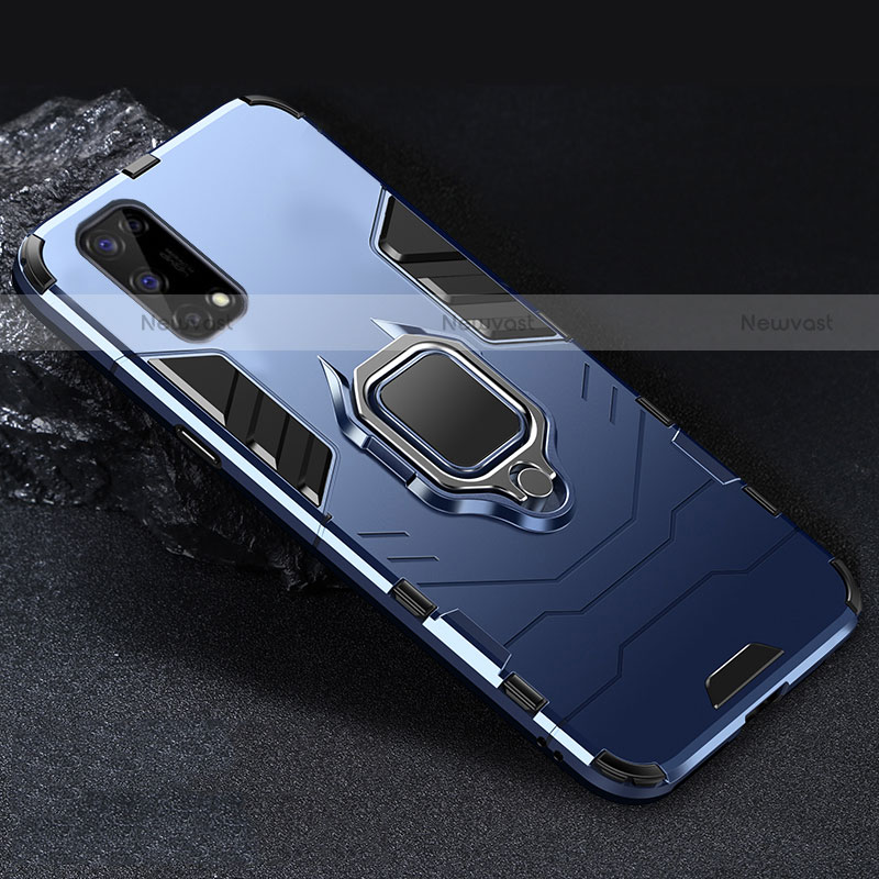 Silicone Matte Finish and Plastic Back Cover Case with Magnetic Finger Ring Stand for Realme Narzo 30 Pro 5G Blue