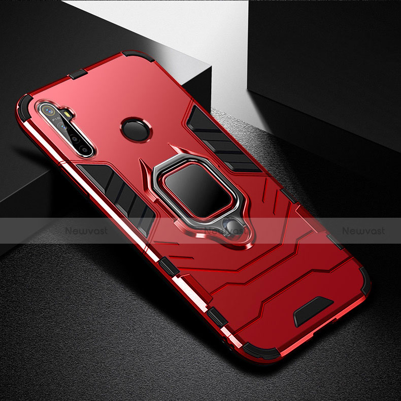 Silicone Matte Finish and Plastic Back Cover Case with Magnetic Finger Ring Stand for Realme Q Red