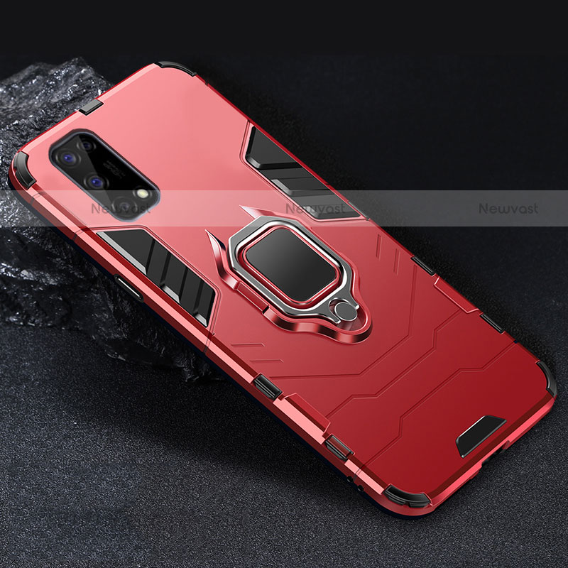 Silicone Matte Finish and Plastic Back Cover Case with Magnetic Finger Ring Stand for Realme Q2 5G Red