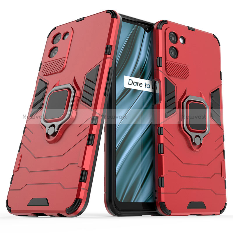 Silicone Matte Finish and Plastic Back Cover Case with Magnetic Finger Ring Stand for Realme V11s 5G Red