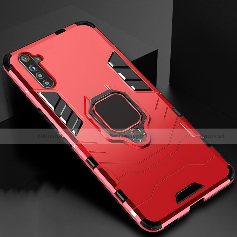 Silicone Matte Finish and Plastic Back Cover Case with Magnetic Finger Ring Stand for Realme X2 Red