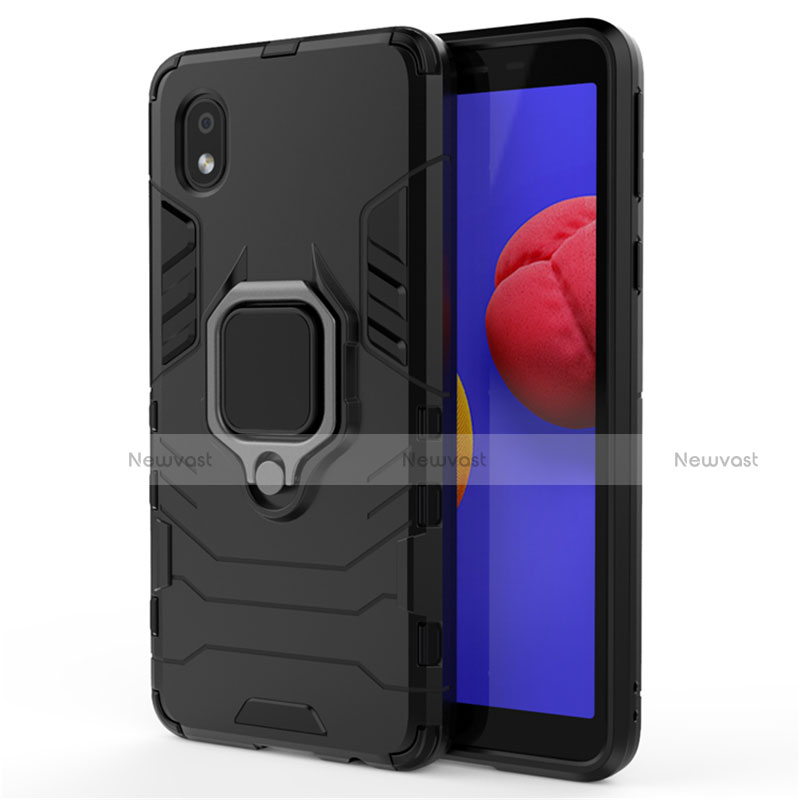 Silicone Matte Finish and Plastic Back Cover Case with Magnetic Finger Ring Stand for Samsung Galaxy A01 Core Black