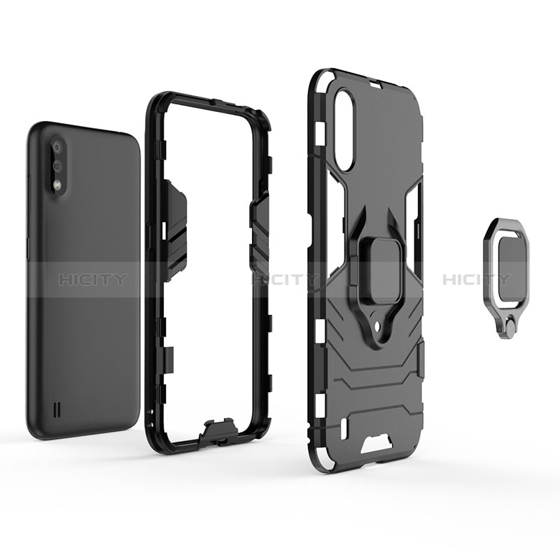 Silicone Matte Finish and Plastic Back Cover Case with Magnetic Finger Ring Stand for Samsung Galaxy A01 SM-A015