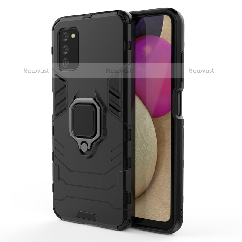 Silicone Matte Finish and Plastic Back Cover Case with Magnetic Finger Ring Stand for Samsung Galaxy A02s Black