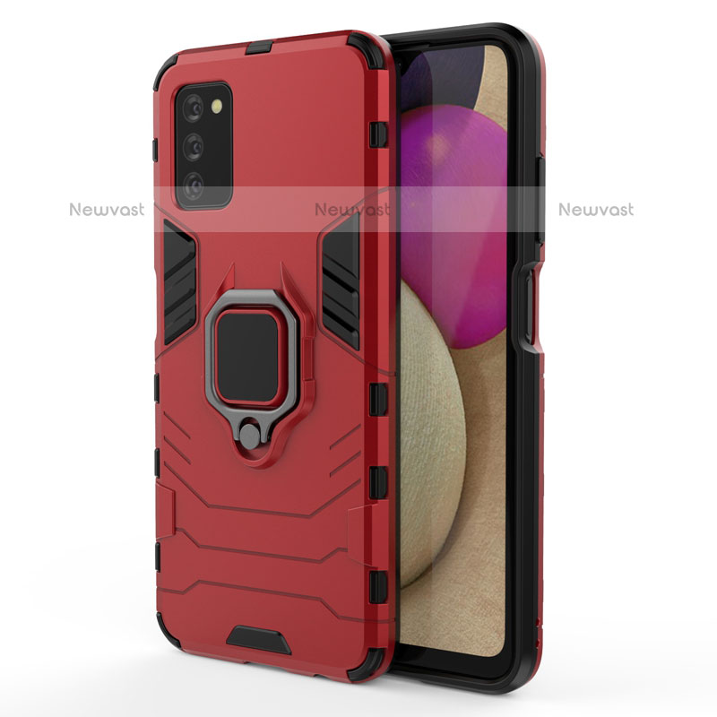 Silicone Matte Finish and Plastic Back Cover Case with Magnetic Finger Ring Stand for Samsung Galaxy A02s Red