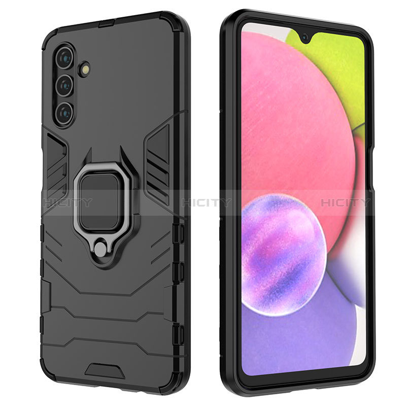 Silicone Matte Finish and Plastic Back Cover Case with Magnetic Finger Ring Stand for Samsung Galaxy A04s