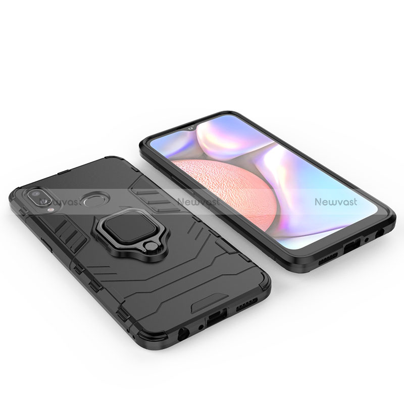 Silicone Matte Finish and Plastic Back Cover Case with Magnetic Finger Ring Stand for Samsung Galaxy A10s Black