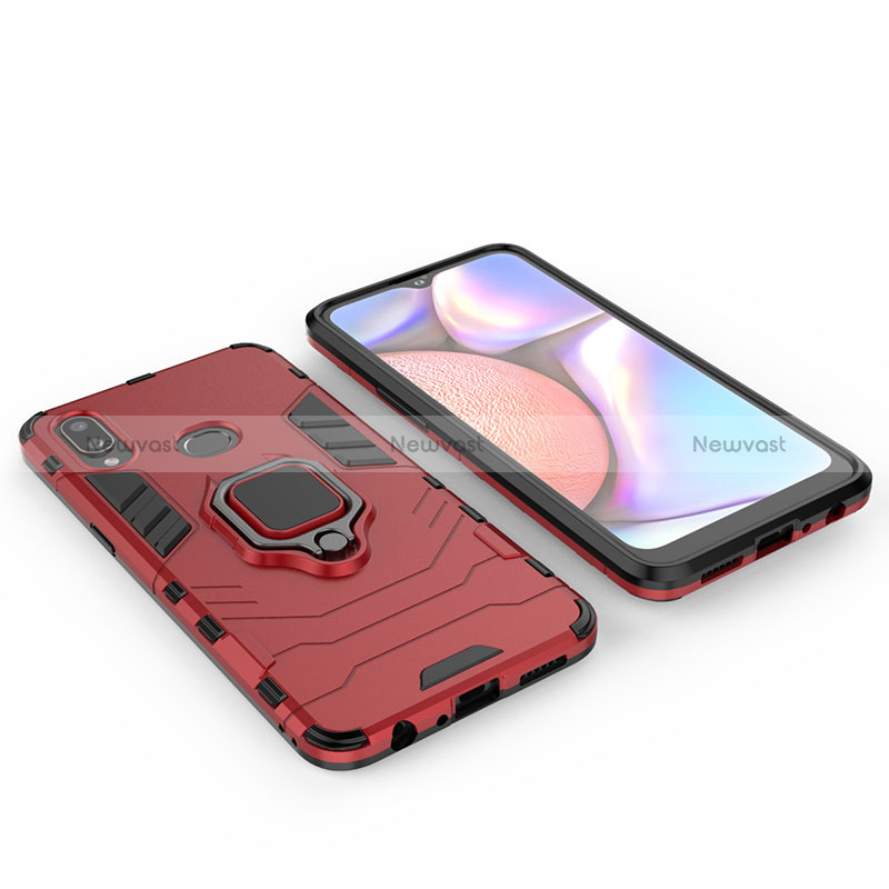 Silicone Matte Finish and Plastic Back Cover Case with Magnetic Finger Ring Stand for Samsung Galaxy A10s Red