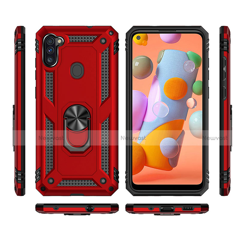 Silicone Matte Finish and Plastic Back Cover Case with Magnetic Finger Ring Stand for Samsung Galaxy A11