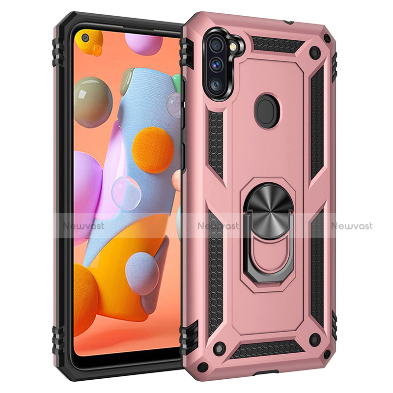 Silicone Matte Finish and Plastic Back Cover Case with Magnetic Finger Ring Stand for Samsung Galaxy A11