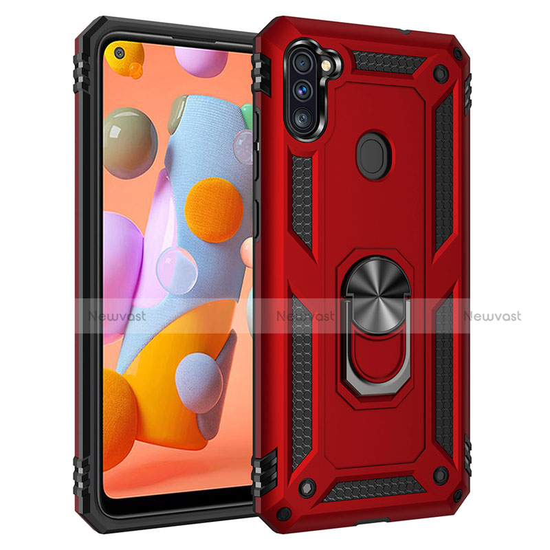 Silicone Matte Finish and Plastic Back Cover Case with Magnetic Finger Ring Stand for Samsung Galaxy A11 Red