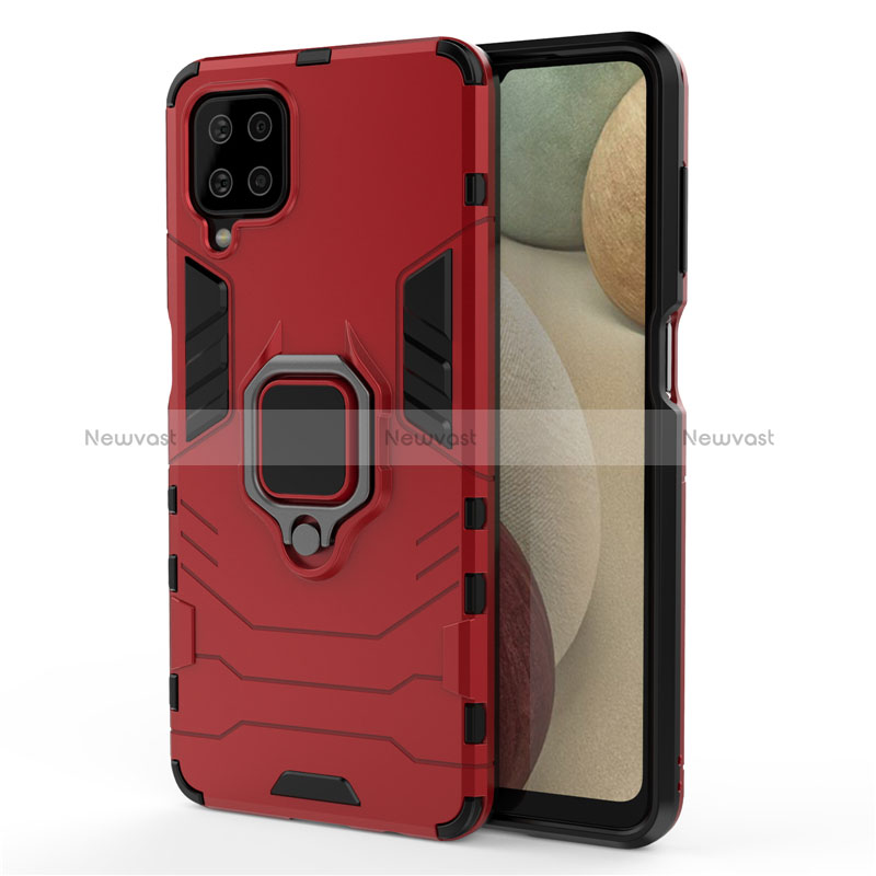 Silicone Matte Finish and Plastic Back Cover Case with Magnetic Finger Ring Stand for Samsung Galaxy A12 Nacho Red