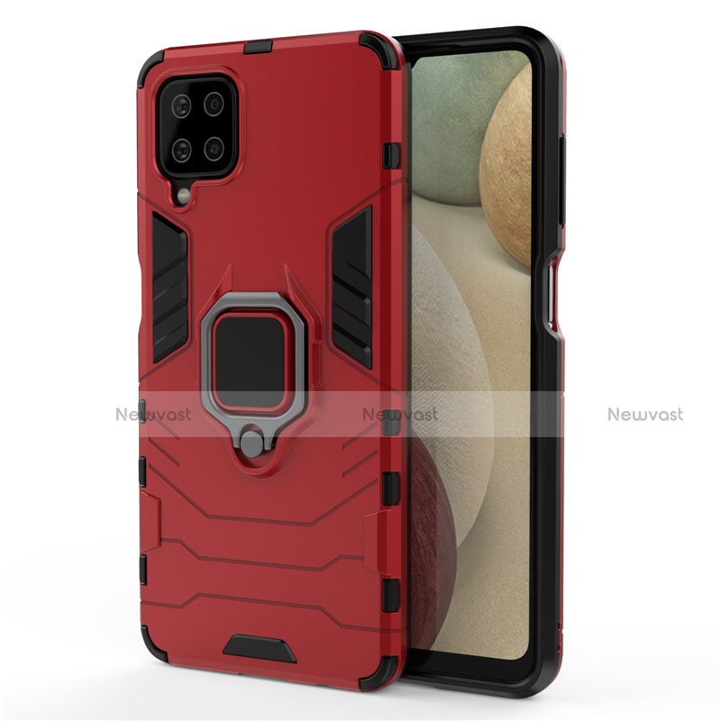 Silicone Matte Finish and Plastic Back Cover Case with Magnetic Finger Ring Stand for Samsung Galaxy A12 Red