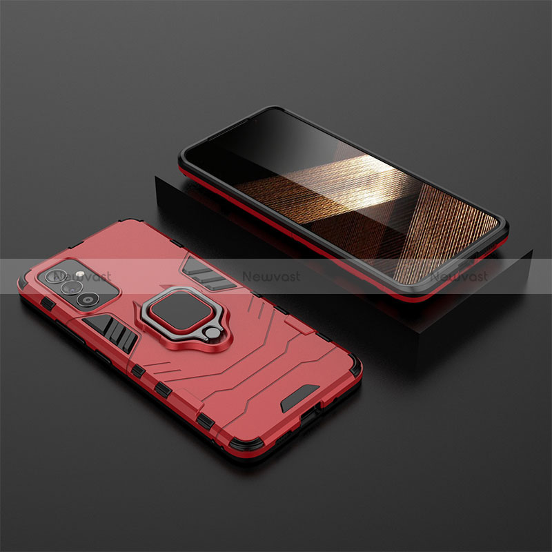 Silicone Matte Finish and Plastic Back Cover Case with Magnetic Finger Ring Stand for Samsung Galaxy A15 5G Red