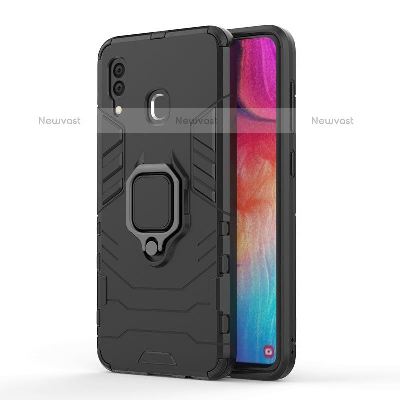 Silicone Matte Finish and Plastic Back Cover Case with Magnetic Finger Ring Stand for Samsung Galaxy A20 Black