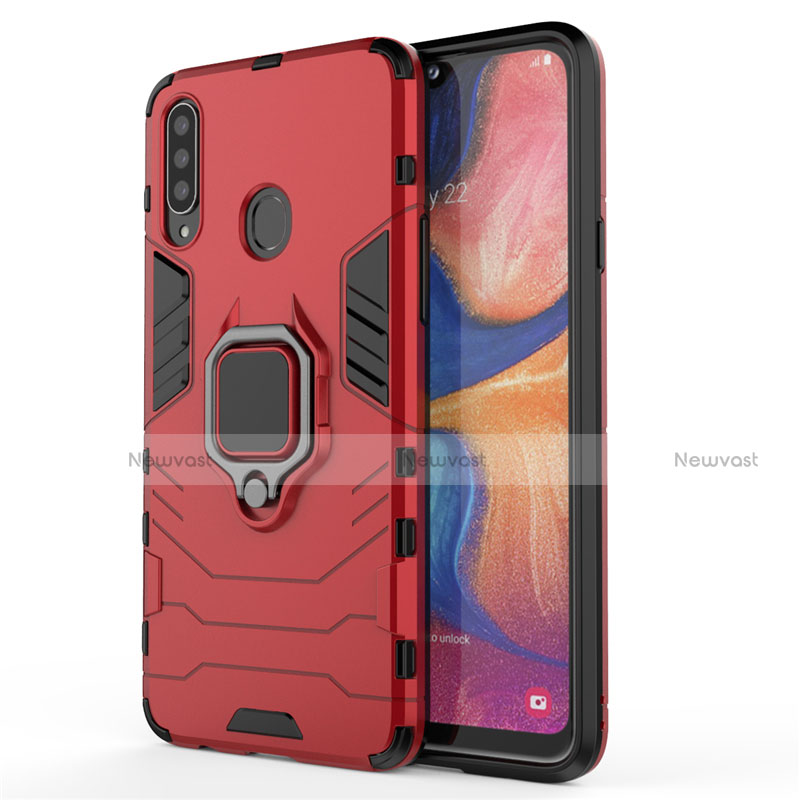 Silicone Matte Finish and Plastic Back Cover Case with Magnetic Finger Ring Stand for Samsung Galaxy A20s Red