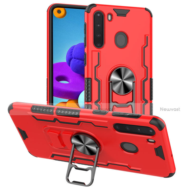 Silicone Matte Finish and Plastic Back Cover Case with Magnetic Finger Ring Stand for Samsung Galaxy A21