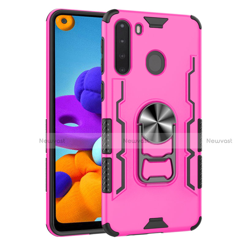 Silicone Matte Finish and Plastic Back Cover Case with Magnetic Finger Ring Stand for Samsung Galaxy A21 Hot Pink