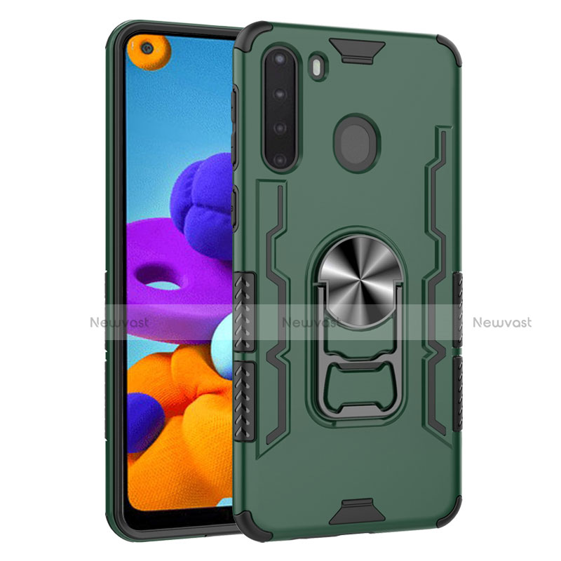 Silicone Matte Finish and Plastic Back Cover Case with Magnetic Finger Ring Stand for Samsung Galaxy A21 Midnight Green