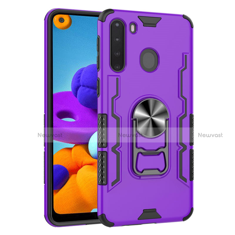 Silicone Matte Finish and Plastic Back Cover Case with Magnetic Finger Ring Stand for Samsung Galaxy A21 Purple