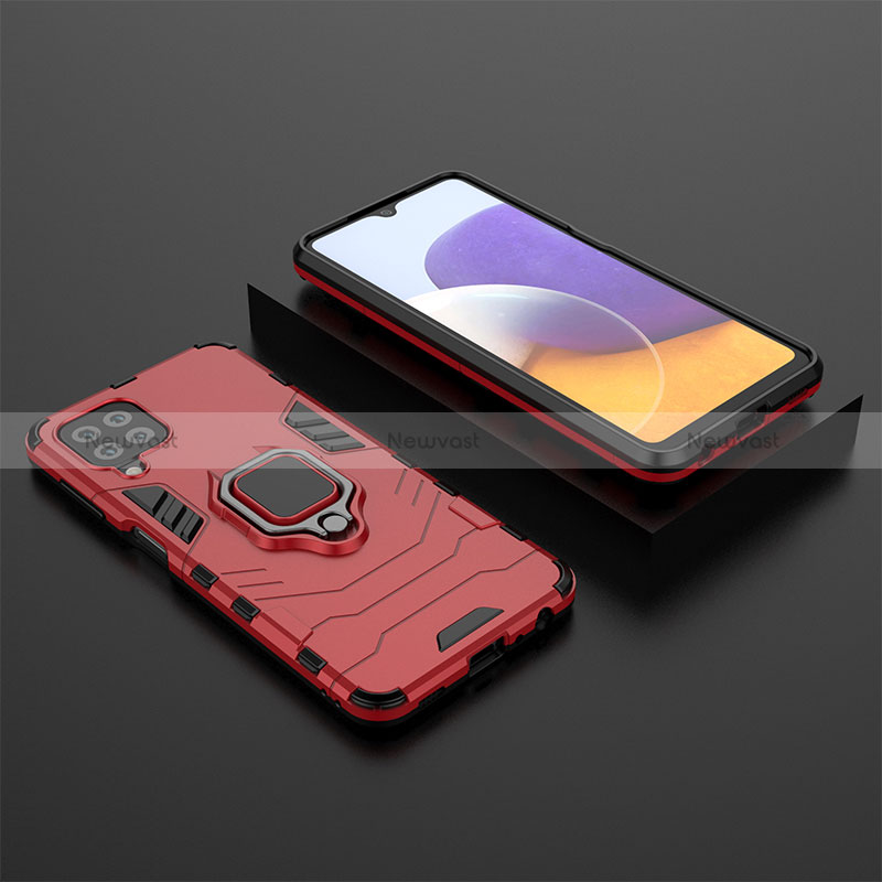 Silicone Matte Finish and Plastic Back Cover Case with Magnetic Finger Ring Stand for Samsung Galaxy A22 4G Red