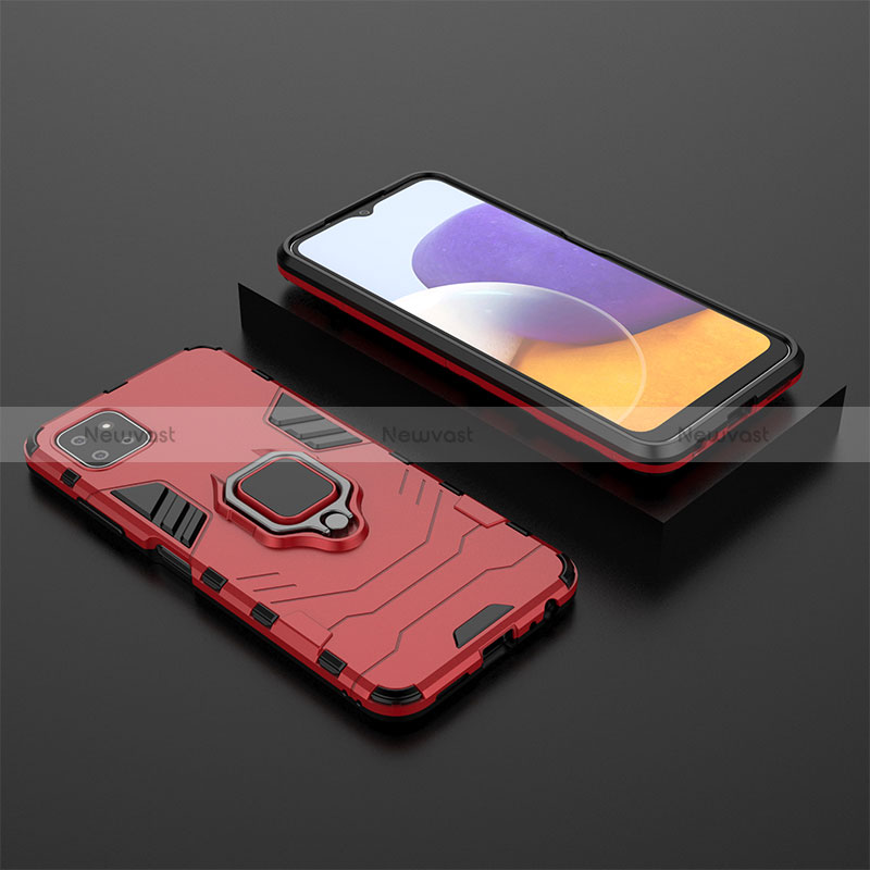 Silicone Matte Finish and Plastic Back Cover Case with Magnetic Finger Ring Stand for Samsung Galaxy A22s 5G Red