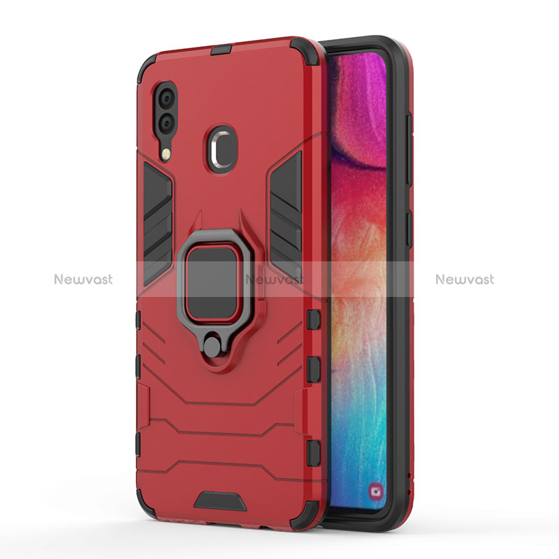 Silicone Matte Finish and Plastic Back Cover Case with Magnetic Finger Ring Stand for Samsung Galaxy A30 Red