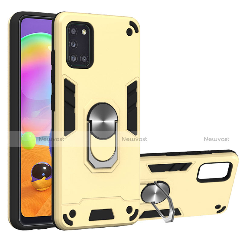 Silicone Matte Finish and Plastic Back Cover Case with Magnetic Finger Ring Stand for Samsung Galaxy A31 Gold