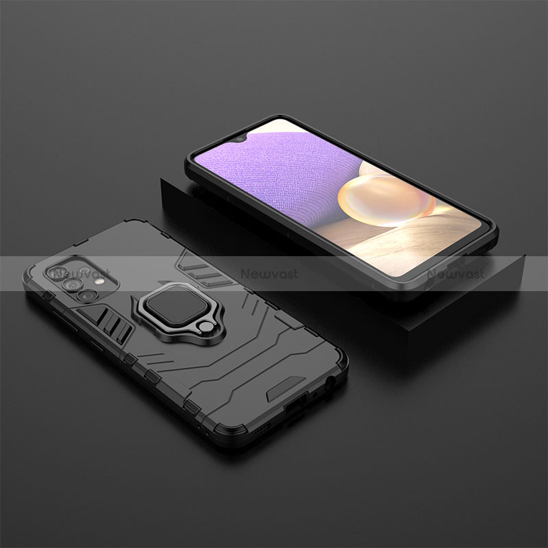 Silicone Matte Finish and Plastic Back Cover Case with Magnetic Finger Ring Stand for Samsung Galaxy A32 5G Black