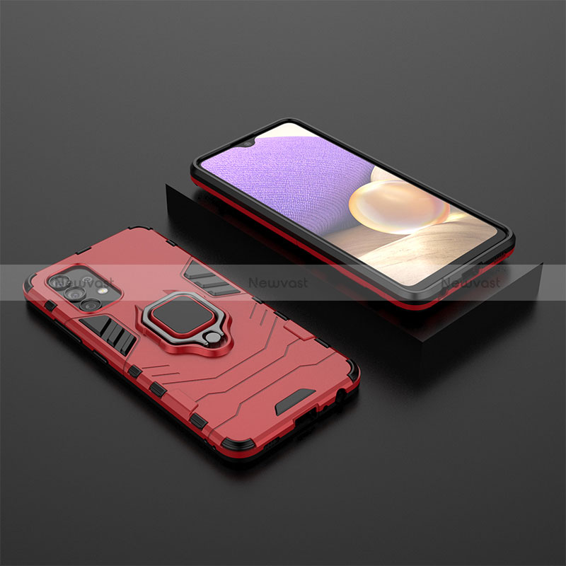 Silicone Matte Finish and Plastic Back Cover Case with Magnetic Finger Ring Stand for Samsung Galaxy A32 5G Red