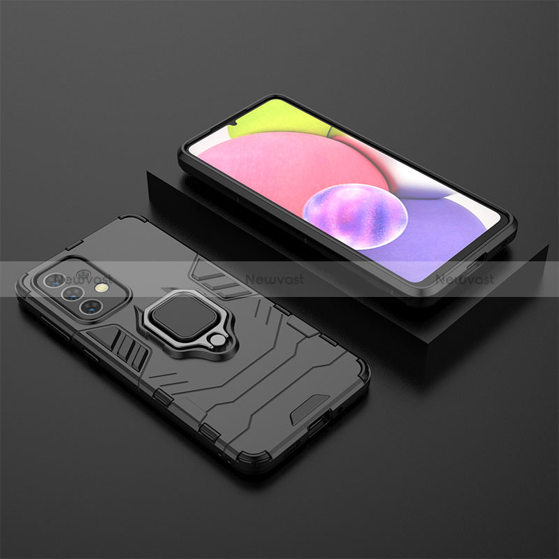 Silicone Matte Finish and Plastic Back Cover Case with Magnetic Finger Ring Stand for Samsung Galaxy A33 5G Black