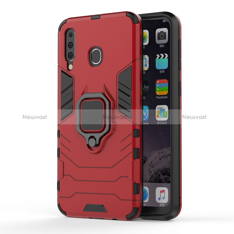 Silicone Matte Finish and Plastic Back Cover Case with Magnetic Finger Ring Stand for Samsung Galaxy A40s Red